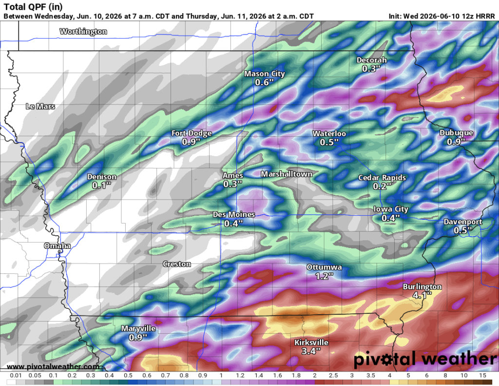 Map of Iowa showing total precipitation forecast with color-coded rainfall amounts; towns labeled with expected QPF (e.g., Burlington 4.1", Ottumwa 1.2", Fort Dodge 0.9", Des Moines 0.4").