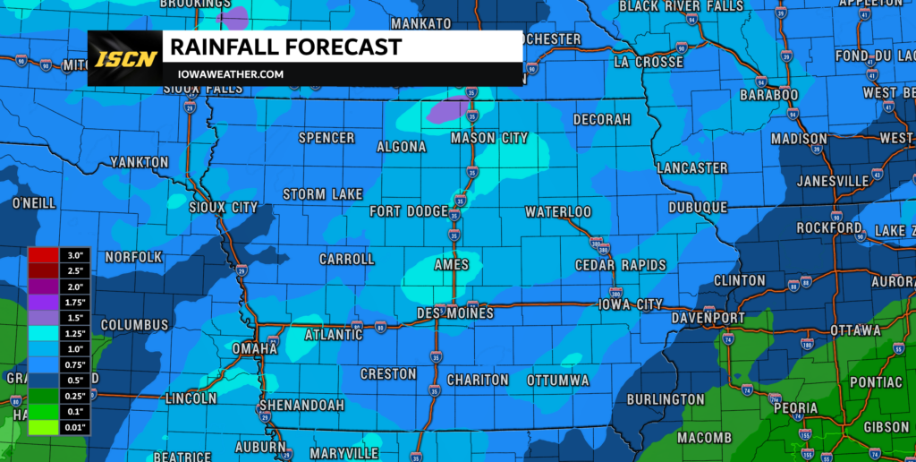 Iowa Rainfall forecast - IowaWeather.com Weather map showing rainfall forecast across Iowa and neighboring states, with a color legend for inches on the left and an ISCN banner at the top-left.