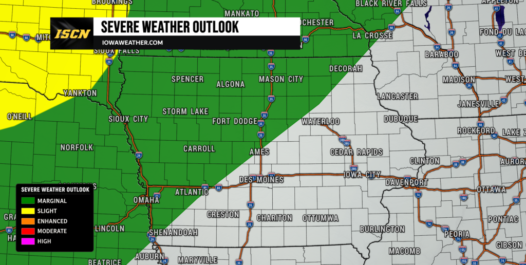 Severe weather outlook map with a green marginal risk area across western Iowa to eastern Nebraska; ISCN banner at top-left and legend bottom-left.