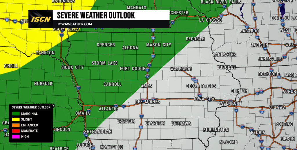 Iowa Severe Weather Threat Thursday - IowaWeather.com Severe Weather Outlook map with ISC logo; green marginal area across central Iowa, yellow slight area in the northwest, and labeled cities like Des Moines, Ames, Fort Dodge; legend bottom left shows risk colors.