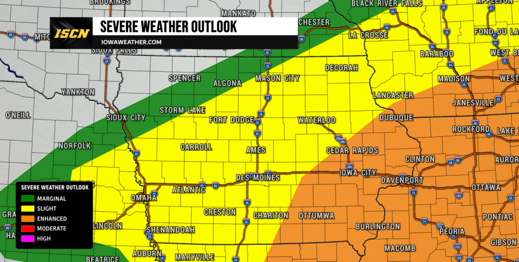 Regional severe weather outlook map with color bands: green marginal, yellow slight, orange enhanced, across Iowa and surrounding states; labeled cities like Des Moines, Ames, Fort Dodge, Sioux City; banner reads 'Severe Weather Outlook' with legend at bottom-left.
