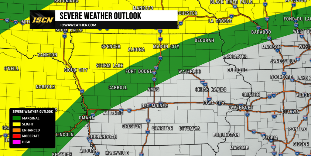 Map of the severe weather outlook with a green (marginal) and yellow (slight) diagonal band across Iowa and surrounding states; legend in bottom-left shows risk levels.
