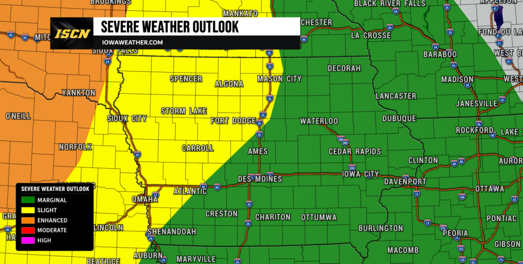 Color-coded severe weather outlook map focusing on Iowa and surrounding states: green marginal risk across most of the region, yellow slight risk in central areas, and orange enhanced risk farther west, with a black and white banner reading 'SEVERE WEATHER OUTLOOK' on the upper left and a legend showing risk levels in the lower-left corner.