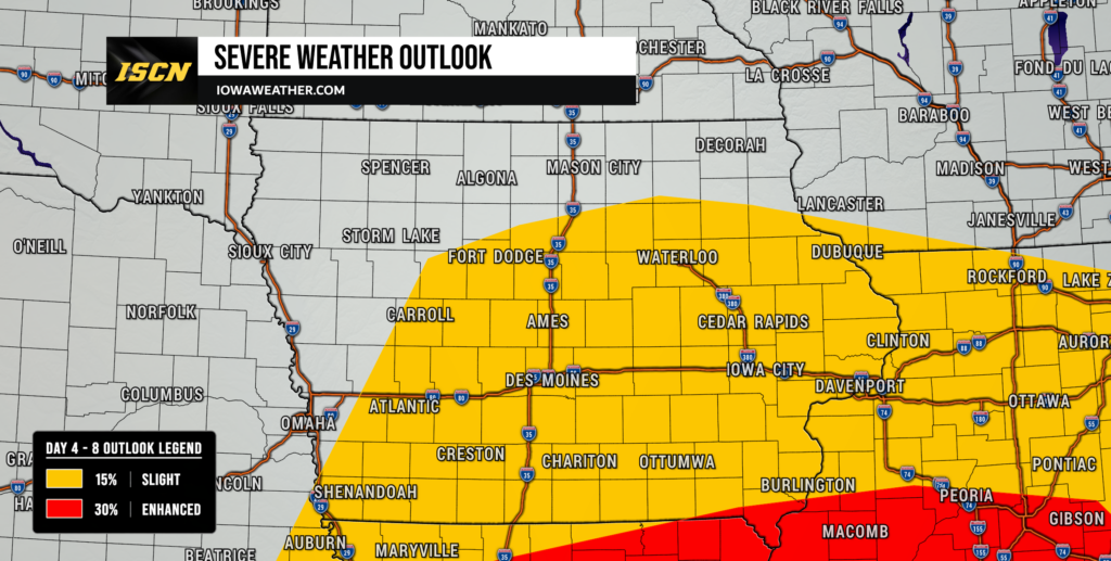 Wedenesday Severe Weather Outlook - IowaWeather.com Severe weather outlook map with yellow (15% slight) and orange (30% enhanced) risk bands over Iowa and surrounding states; city names labeled; ISC banner top left area visible.