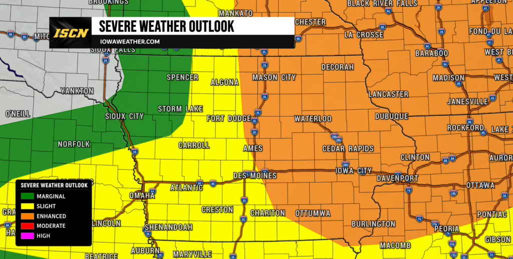 Color-coded severe weather outlook map for Iowa and surrounding states showing risk zones: green marginal, yellow slight, orange enhanced, with city names and highways.