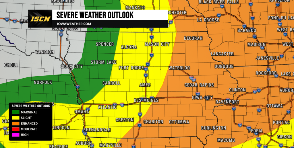 Map of Iowa showing severe weather outlook with green marginal, yellow slight, and orange enhanced risk zones; banner reads 'Severe Weather Outlook' and 'IowaWeather.com'.