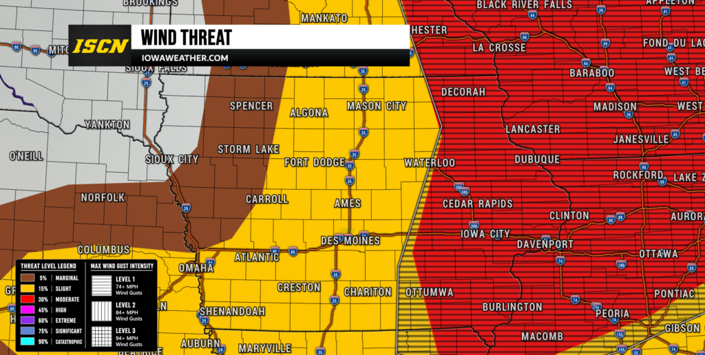 Color-coded wind threat map across the Midwest, showing extreme red, high brown, and yellow moderate bands with city labels and a legend.