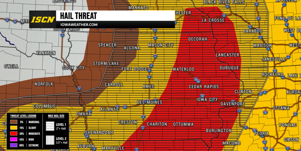 Color‑coded hail threat map over the Iowa region, with a bold HAIL THREAT banner and color zones from red to yellow and brown.