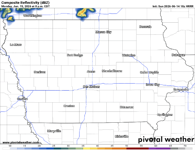iowa future radar monday night - IowaWeather.com Radar map of Iowa showing composite reflectivity (dBZ) with scattered showers in the north and around Des Moines.
