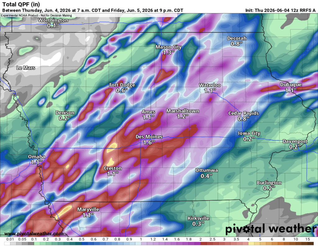 Iowa rainfall forecast from Thursday evening to Friday Morning. June 4 - 5, 2026.
