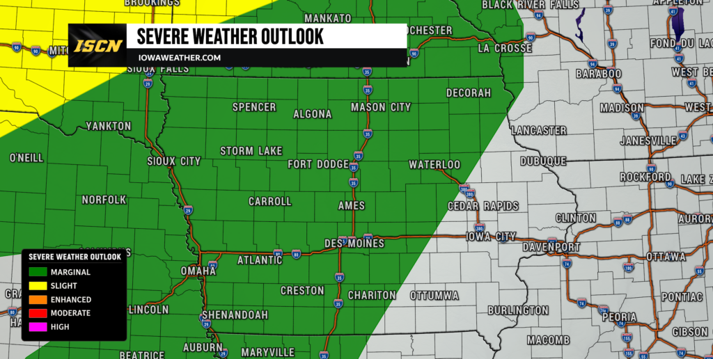 Severe weather outlook map for Iowa for Thursday, June 4, 2026 showing a marginal risk (level 1 out of 5) for much of Iowa