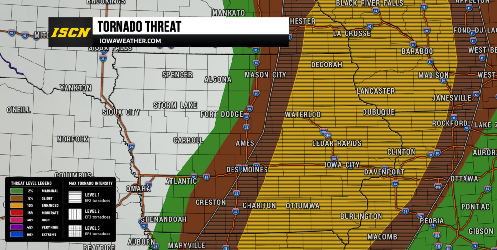 Bannered weather map showing a 'Tornado Threat' alert from IowaWeather.com over a color-coded tornado risk area across parts of Iowa and Nebraska; legend at bottom left.
