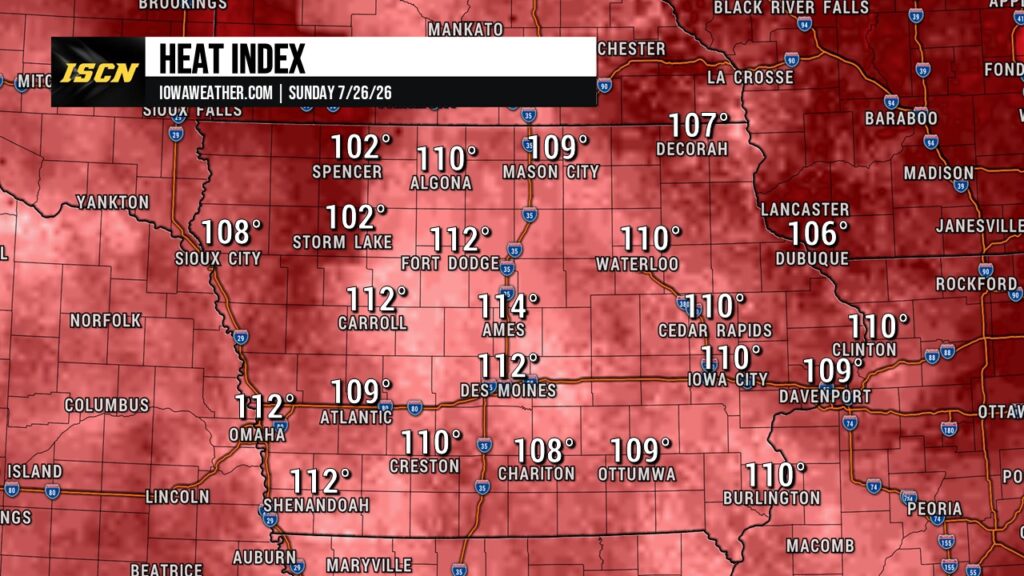 Heat index in Iowa on Sunday - IowaWeather.com Iowa Heat Index Forecast for Sunday July 26th, 2026