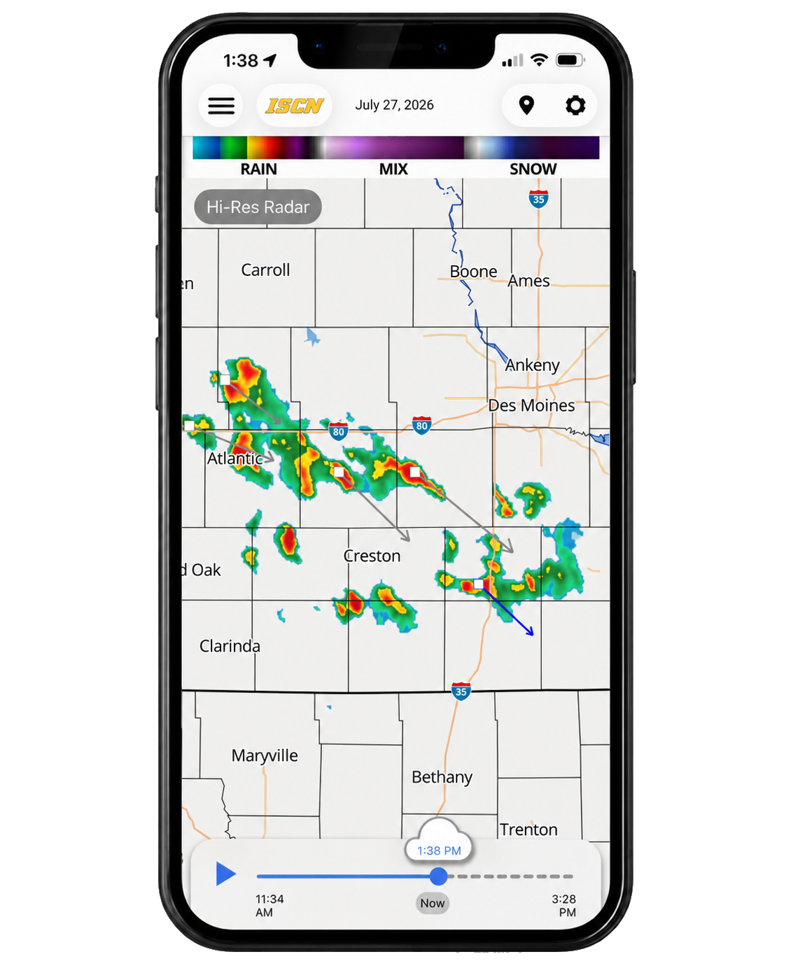 ISCN Weather App Radar Phone - IowaWeather.com iPhone screen displaying a weather radar app with an Iowa map and rain cells (green to red); playback slider at the bottom