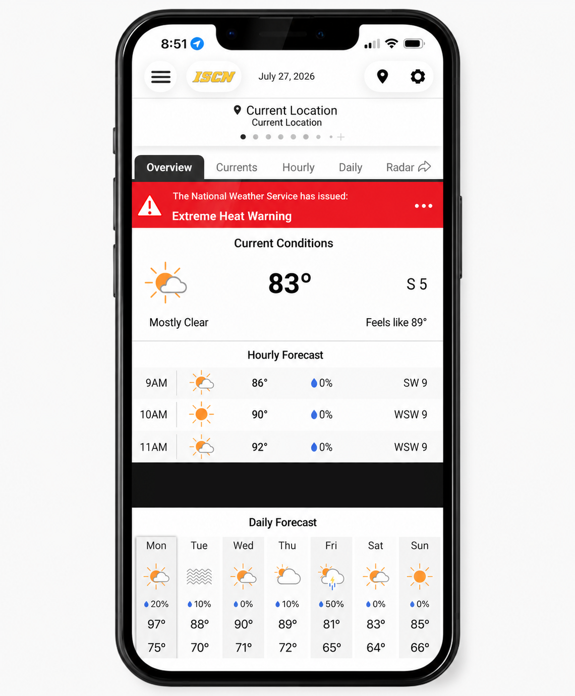 ISCN-Weather-App-on-Phone - IowaWeather.com Weather app on an iPhone showing current conditions (83°) with an Extreme Heat Warning banner, mostly clear feels like 89°, and an hourly and daily forecast section nearby.