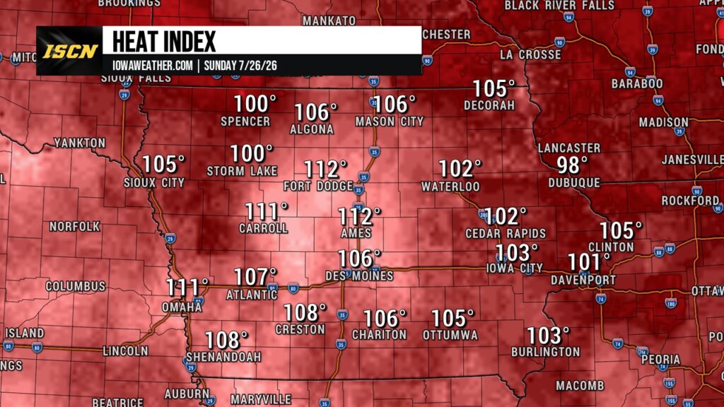 Forecast Heat Index Values in Iowa on Sunday July 26, 2026