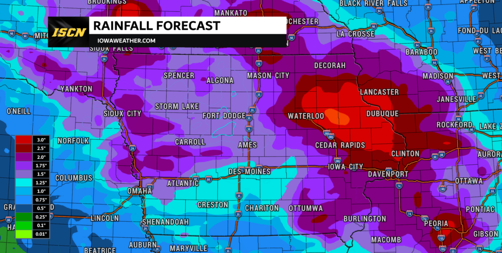 Rainfall Forecast for the July 30th and 31st Period in the State of Iowa