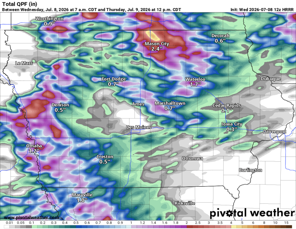 Forecast total precipitation (inches) across the region, with city labels and amounts (e.g., Mason City 2.4", Des Moines 0.7", Omaha 1.2").