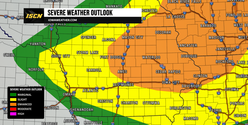 Iowa Severe Weather Outlook - IowaWeather.com Midwest severe weather outlook map with color bands: green marginal, yellow slight, orange enhanced, red moderate; banner reads'SEVERE WEATHER OUTLOOK'.