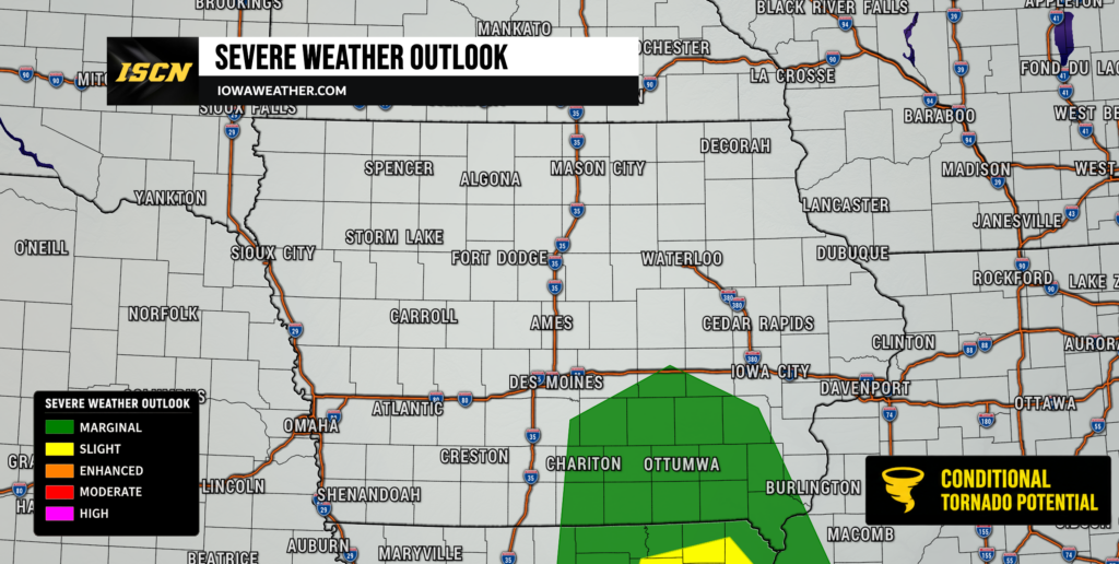 Overlay banner reading'SEVERE WEATHER OUTLOOK' with ISCN logo atop a Midwest map showing counties and highways in Iowa and nearby states.