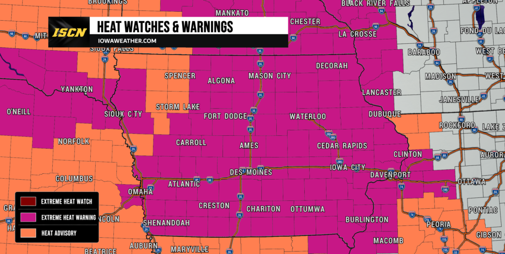 extreme heat warning - IowaWeather.com Map of Iowa with heat warnings (magenta) and heat advisories (orange); banner reads HEAT WATCHES & WARNINGS from IOWAWEATHER.COM, city labels visible.