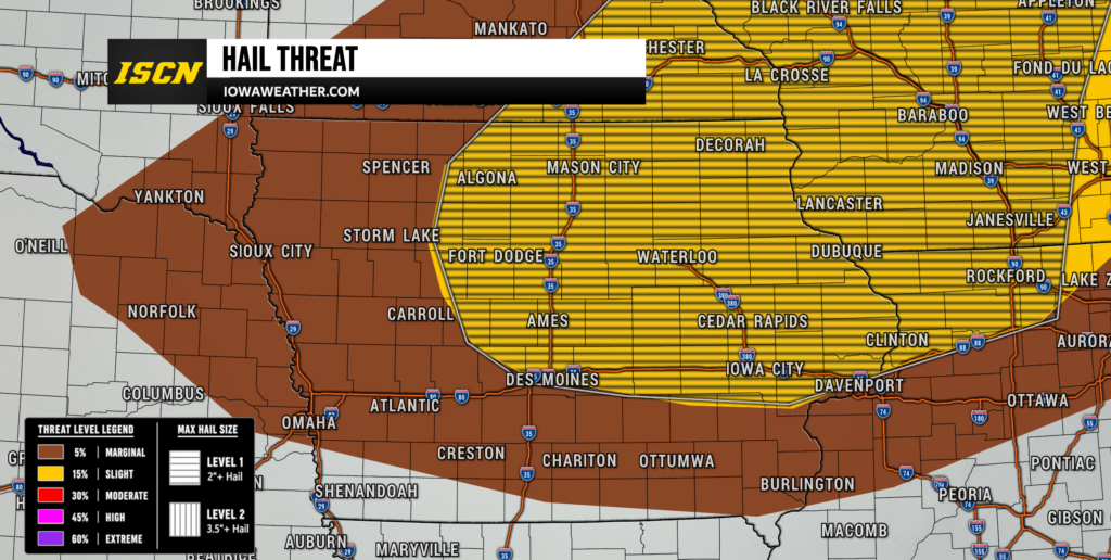 hail outlook - IowaWeather.com Weather map showing hail threat areas across Iowa and surrounding states; yellow indicates higher risk, brown lower risk, with a HAIL THREAT banner and legend in the corner.