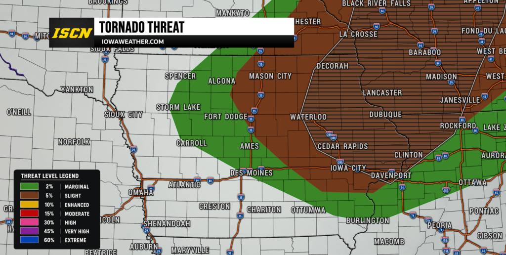 tornado outlook - IowaWeather.com News banner reading'Tornado Threat' from IowaWeather.com overlaying a regional weather map showing green and brown shaded tornado threat areas over parts of Iowa and surrounding states; includes a legend in the lower-left corner.