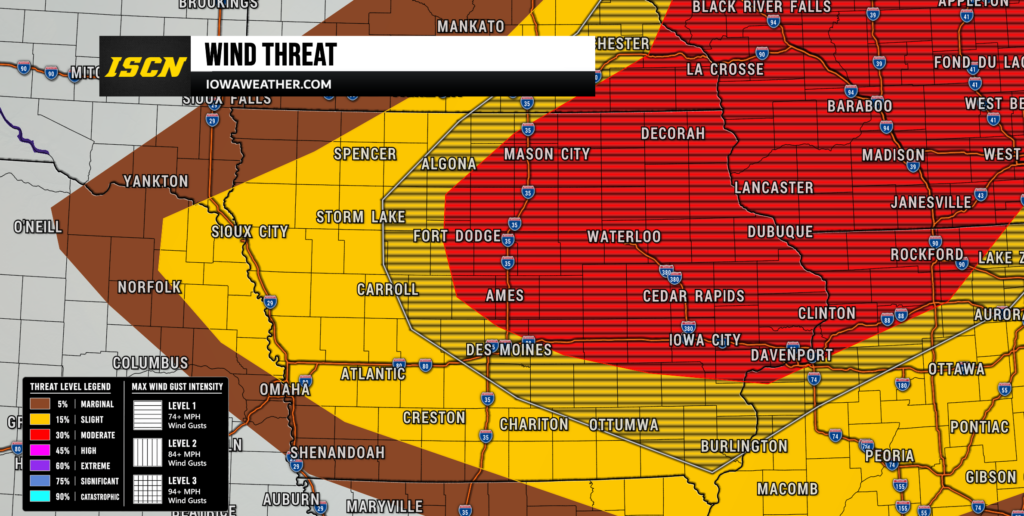 wind threat - IowaWeather.com Weather map showing wind threat levels across Iowa and nearby states, with red (high), yellow (moderate) and brown zones; banner reads 'ISCN Wind Threat' - IowaWeather.com.