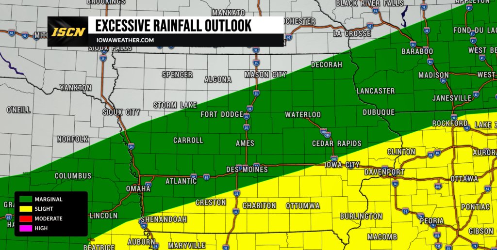 Excessive Rainfall Outlook Iowa - IowaWeather.com Color-coded weather map showing excessive rainfall outlook with green (marginal), yellow (slight), and other risk zones across Iowa and nearby states; banner reads EXCESSIVE RAINFALL OUTLOOK with ICO logo and IOWAWEATHER.COM.