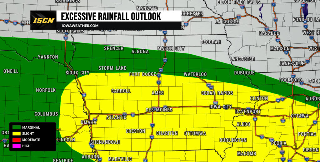 Weather map of the Iowa region showing rainfall risk: green for marginal, yellow for slight; banner reads Excessive Rainfall Outlook at top.