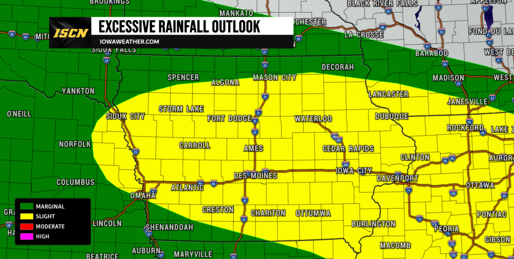 Excessive Rainfall Outlook for Iowa Thursday - IowaWeather.com Weather map showing rainfall risk: yellow = slight, green = marginal. Southern Iowa (Des Moines, Ames, Dubuque area) in yellow; surrounding areas green; banner at top says ISCN Excessive Rainfall Outlook IowaWeather.com.