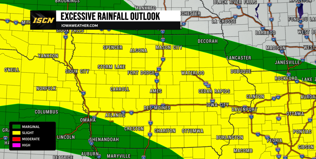 Excessive Rainfall Outlook for Iowa Wednesday - IowaWeather.com Color-coded map showing rainfall outlook by region: green = marginal, yellow = slight, with a legend and a banner reading Excessive Rainfall Outlook at the top edge.