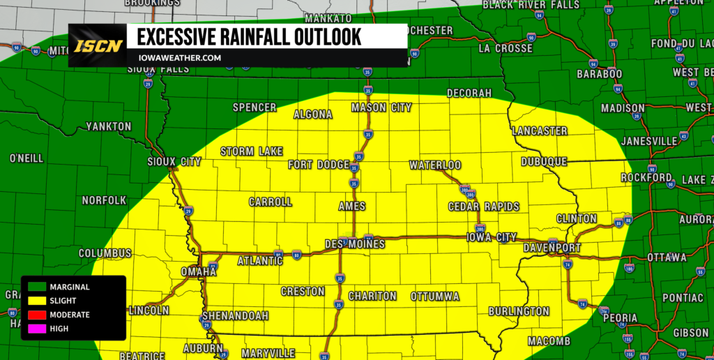 Excessive Rainfall Outlook for Tuesday - IowaWeather.com Weather radar map showing rainfall risk: green = marginal, yellow = slight; large yellow area covers southern Iowa, with green surrounding. A banner at top reads 'EXCESSIVE RAINFALL OUTLOOK' from IOWAWEATHER.COM.