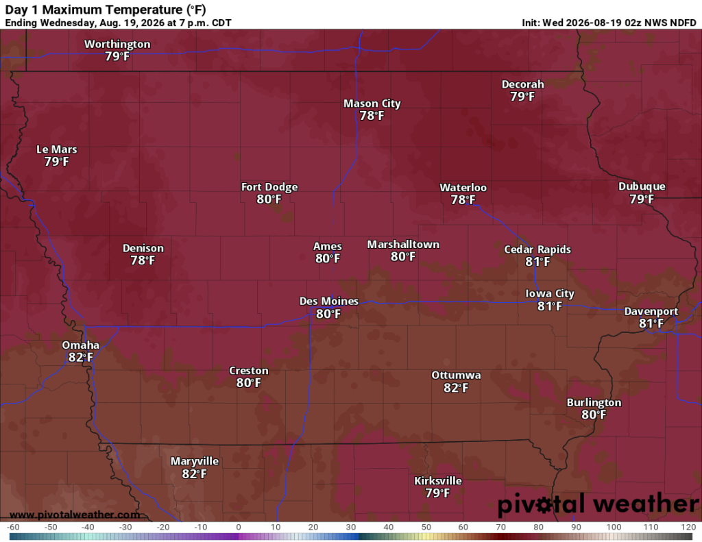 Map of Day 1 max temperatures across central U.S. with city labels and temperatures (e.g., Omaha 82°F, Des Moines 80°F, Cedar Rapids 81°F).