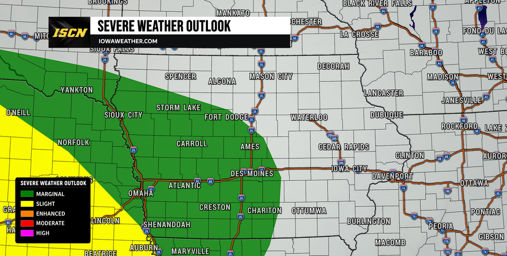 Weather risk map of the Midwest showing green marginal risk and yellow slight risk; legend in bottom-left corner.