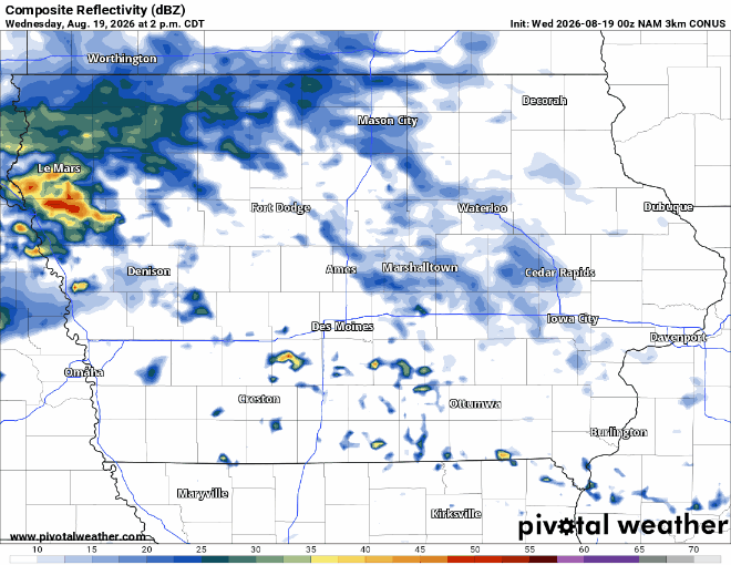 Radar image showing precipitation across Nebraska, Iowa, and surrounding areas; blue-green indicating light to moderate rain, with some yellow/red pockets, dated Aug 19, 2026 at 2 p.m. CDT.