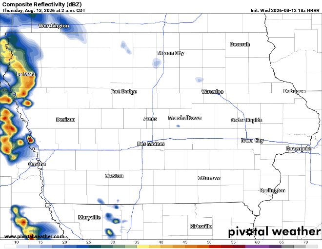 Futurecast radar for Iowa - IowaWeather.com Radar image showing a cluster of strong thunderstorms approaching from the west over western Iowa and eastern Nebraska, with reflectivity values highlighted in yellow and red near the Omaha area (August 13, 2026, ~2 a.m. CDT).