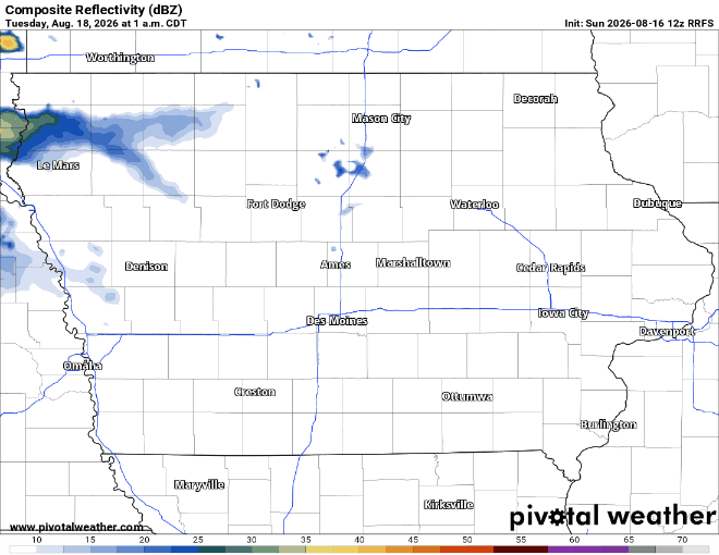 HRRR Forecast Radar - IowaWeather.com Weather radar map showing light blue precipitation across central Nebraska at 1 a.m. CDT, with city names for reference.
