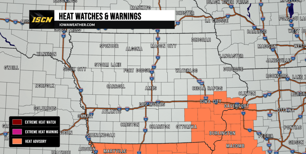 Heat advisory Iowa - IowaWeather.com Iowa Heat Advisory map