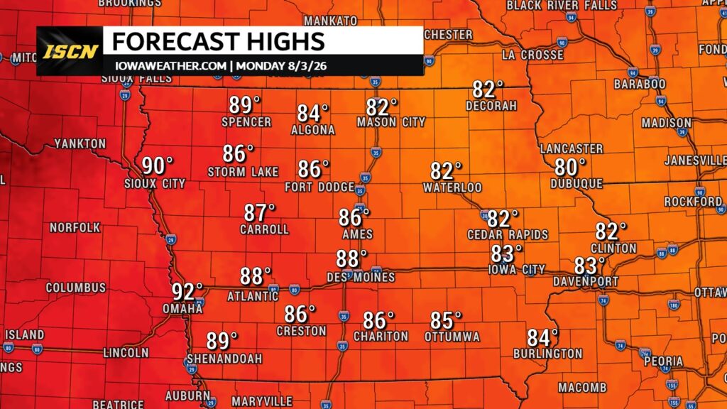 High Temperatures Monday in IOwa - IowaWeather.com Forecast high temperatures in Iowa on Monday August 3rd, 2026