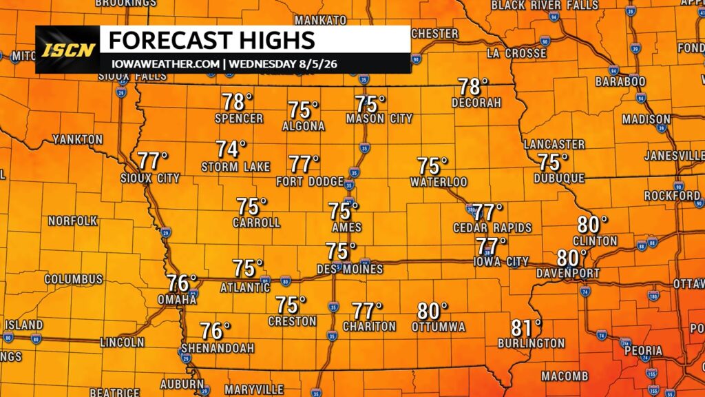 High Temperatures Wednesday in Iowa - IowaWeather.com Forecast high temperatures in Iowa on Wednesday August 5th, 2026