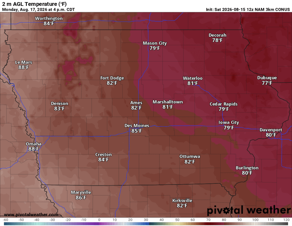 High Temperatures monday - IowaWeather.com Weather map showing 2 m air temperature (°F) across Iowa and surrounding areas with labeled city temps (e.g., Omaha 88°F, Des Moines 85°F) and color shading showing warmth.