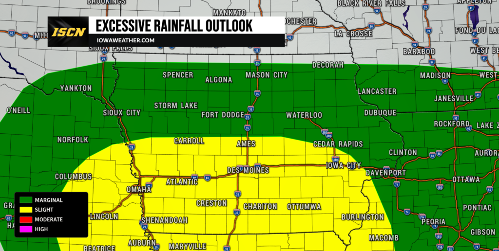 Iowa Excessiv Rainfall Outlook Map for Tuesday - IowaWeather.com Weather outlook map showing marginal (green) and slight (yellow) risk areas across parts of Iowa and surrounding states; legend in lower-left corner (marginal, slight, moderate, high).