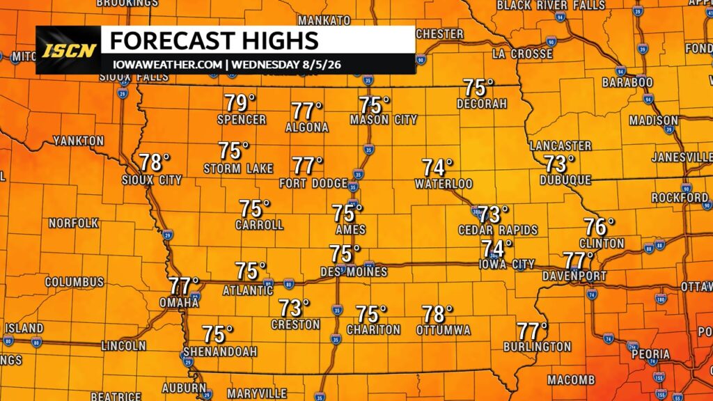 Iowa High Temperatures Wednesday - IowaWeather.com Forecast highs map for Iowa on 8/5/26 showing city temps from about 73° to 79° across an orange background map (ISCN weather graphic).