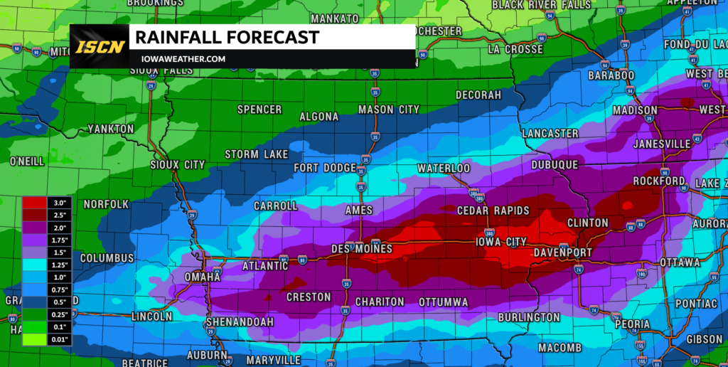 Rainfall forecast map for Iowa and surrounding states; colors indicate inches of rain from 0.01" to 3.0"; top banner reads'RAINFALL FORECAST' blocking part of the view.