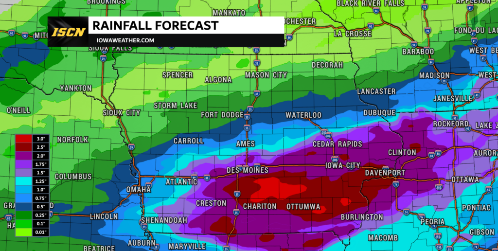 Iowa Rainfall Forecast - IowaWeather.com Map showing rainfall forecast across parts of Iowa and neighboring states with a color gradient legend from 0.01" to 3" and a banner reading 'Rainfall Forecast'.