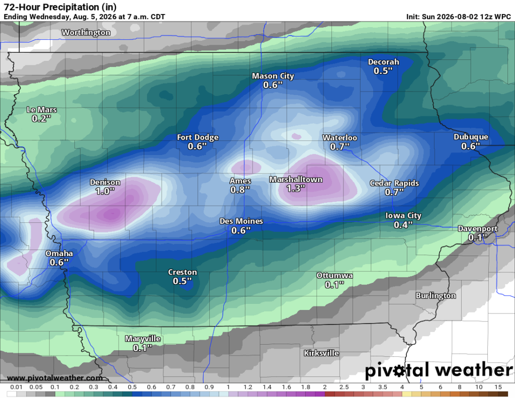Map showing 72-hour precipitation by color, with towns and inches labeled (e.g., Des Moines 0.6, Marshalltown 1.3). Typical rainfall ranges shown across Iowa region.