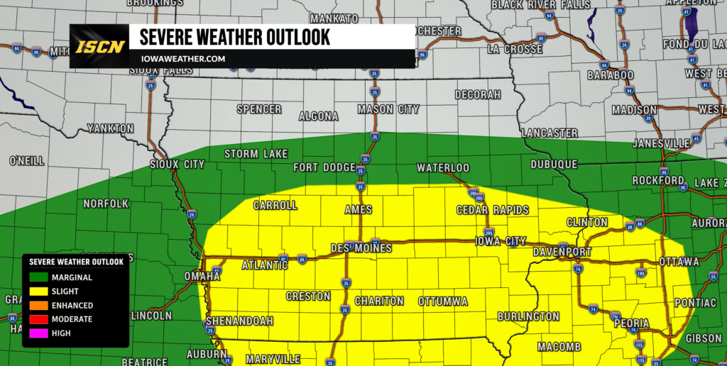 Iowa Severe Weather Outlook Friday - IowaWeather.com Severe weather outlook map across Iowa with green marginal and yellow slight risk bands over towns like Fort Dodge, Ames and Cedar Rapids.