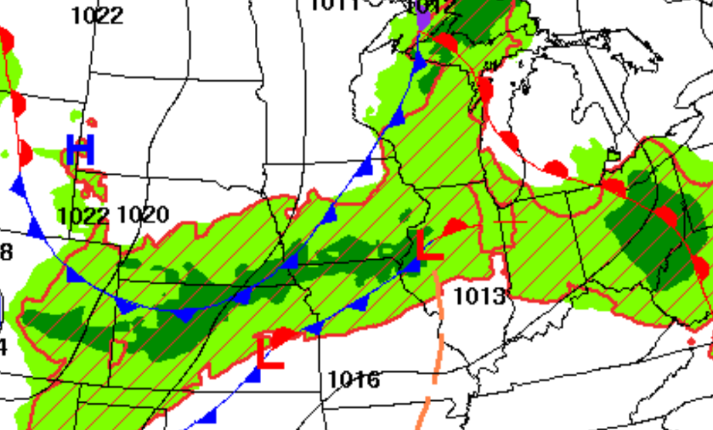 Iowa Weather Forecast - IowaWeather.com Regional weather map showing widespread precipitation (green shading) from Texas to the Midwest, with blue cold fronts, red warm fronts, and L/H symbols with isobars around 1013–1022 mb.