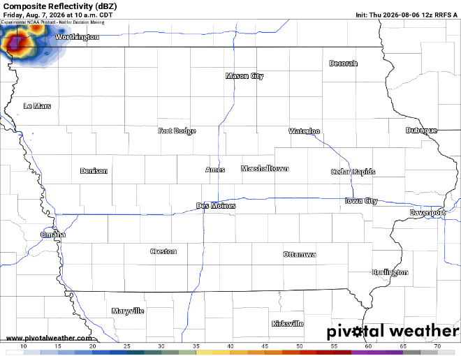 Model forecast showing thunderstorms moving through parts of Iowa on Friday afternoon, August 7th, 2026
